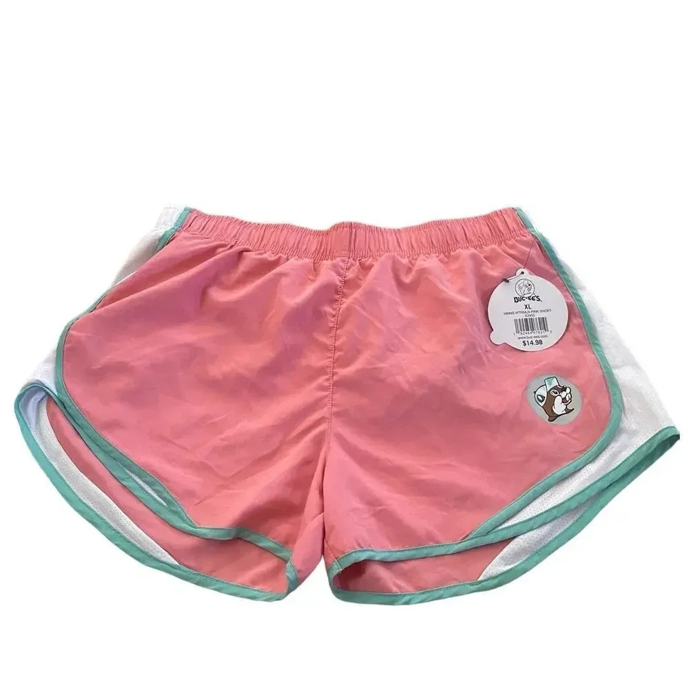 Buc-ees Bucess Pink White Drawstring Built In Liner Logo Athletic Shorts Size XL